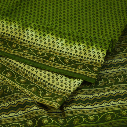 Indian Vintage Sari Green Printed Pure Cotton Saree Craft Soft Fabric 5Yard Sewing Sarong Wrap Boho Floral