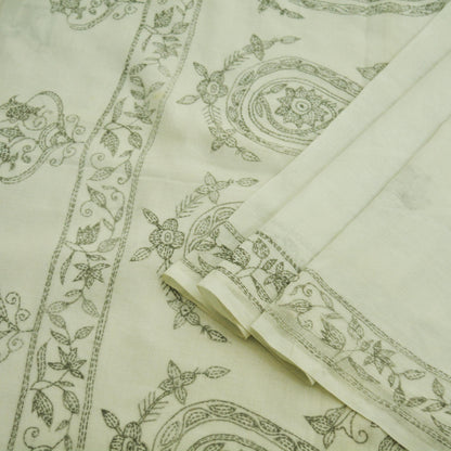 Indian Vintage Sari White  Pure Cotton Hand Embroidered Kantha Saree  Fabric 6yard Sewing Floral Soft Sequins