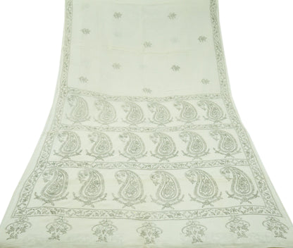 Indian Vintage Sari White  Pure Cotton Hand Embroidered Kantha Saree  Fabric 6yard Sewing Floral Soft Sequins