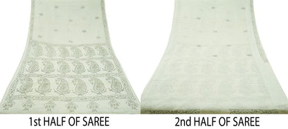 Indian Vintage Sari White  Pure Cotton Hand Embroidered Kantha Saree  Fabric 6yard Sewing Floral Soft Sequins