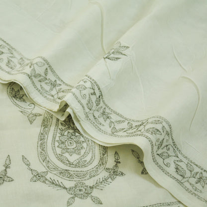 Indian Vintage Sari White  Pure Cotton Hand Embroidered Kantha Saree  Fabric 6yard Sewing Floral Soft Sequins