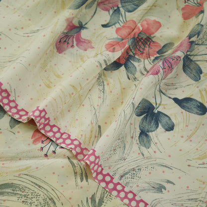 Indian Vintage Sari Beige Pure Crepe Silk Printed Saree 5yard Sewing Floral Soft Craft Fabric Wrap