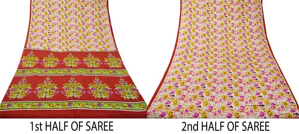 Indian Vintage Sari Ivory & Red Pure Silk Printed Saree 5yd Sewing Craft Fabric DressMaking  Soft Wrap Upcycle Used