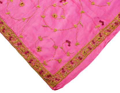 Indian Vintage Heavy Wedding Pink Dupatta Pure Satin Silk Long Stole Hand Embroidered Scarves Golden Zardozi Stole