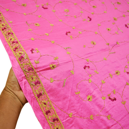 Indian Vintage Heavy Wedding Pink Dupatta Pure Satin Silk Long Stole Hand Embroidered Scarves Golden Zardozi Stole