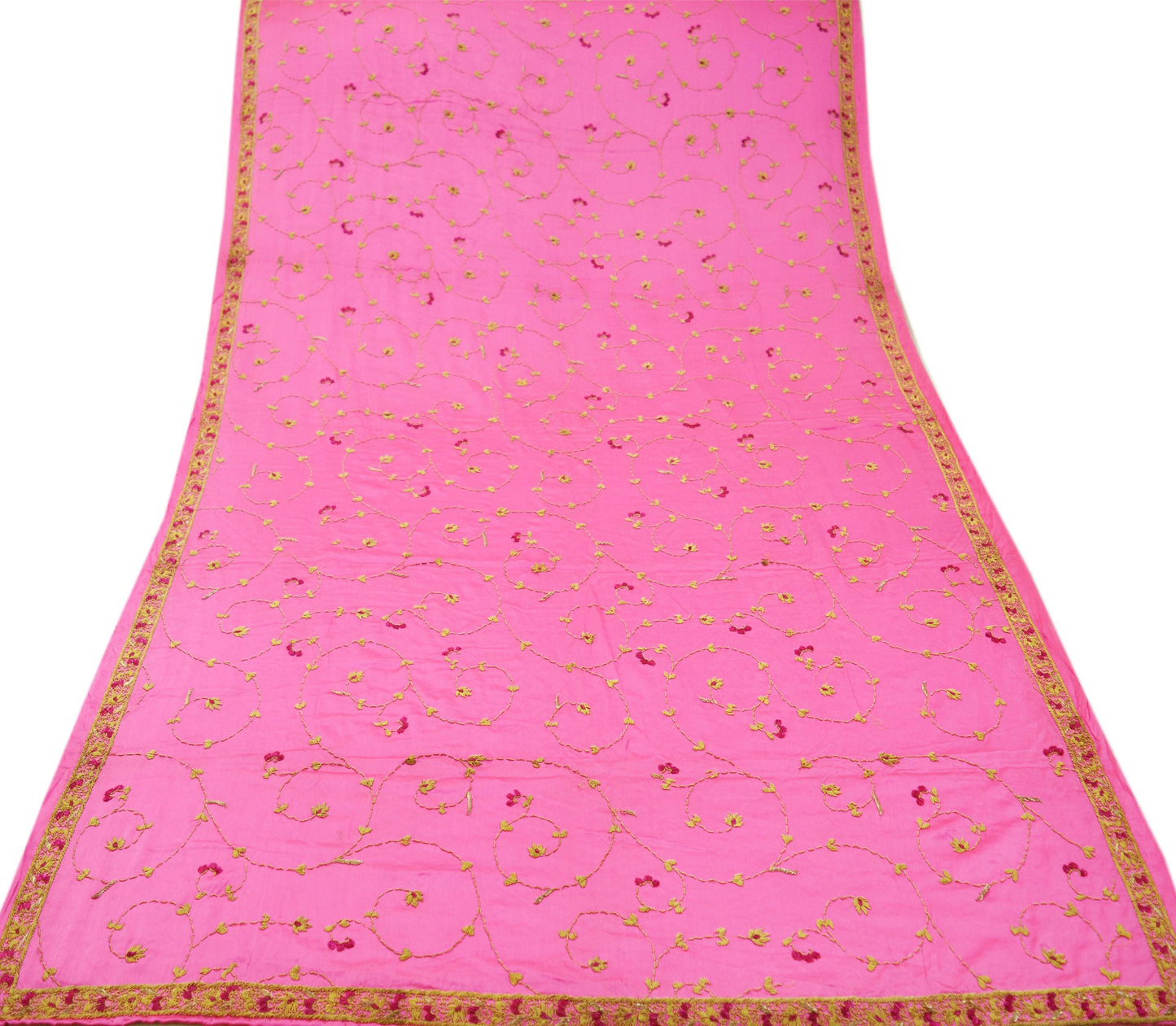 Indian Vintage Heavy Wedding Pink Dupatta Pure Satin Silk Long Stole Hand Embroidered Scarves Golden Zardozi Stole