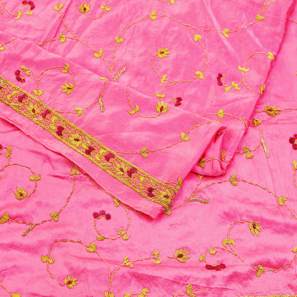 Indian Vintage Heavy Wedding Pink Dupatta Pure Satin Silk Long Stole Hand Embroidered Scarves Golden Zardozi Stole