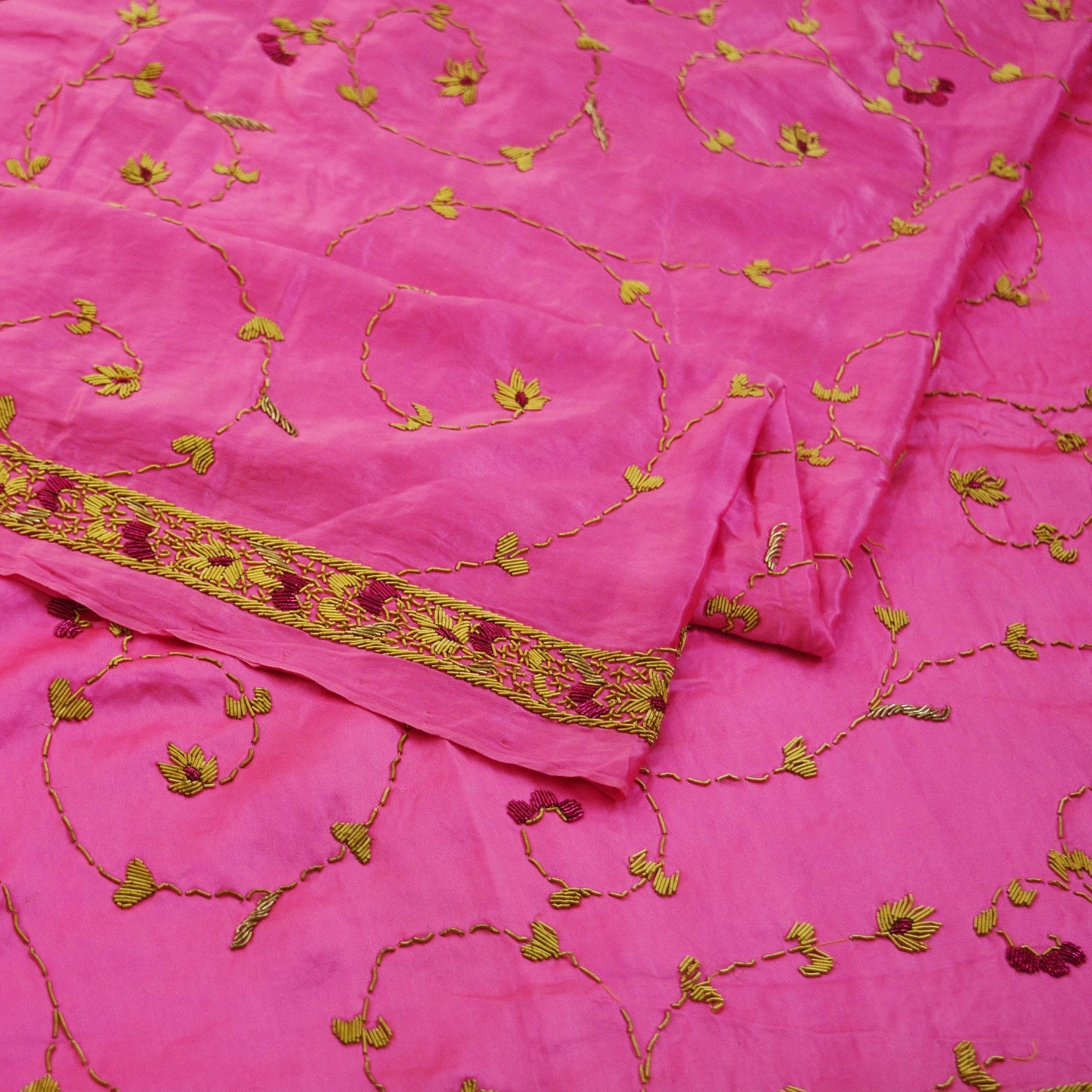 Indian Vintage Heavy Wedding Pink Dupatta Pure Satin Silk Long Stole Hand Embroidered Scarves Golden Zardozi Stole