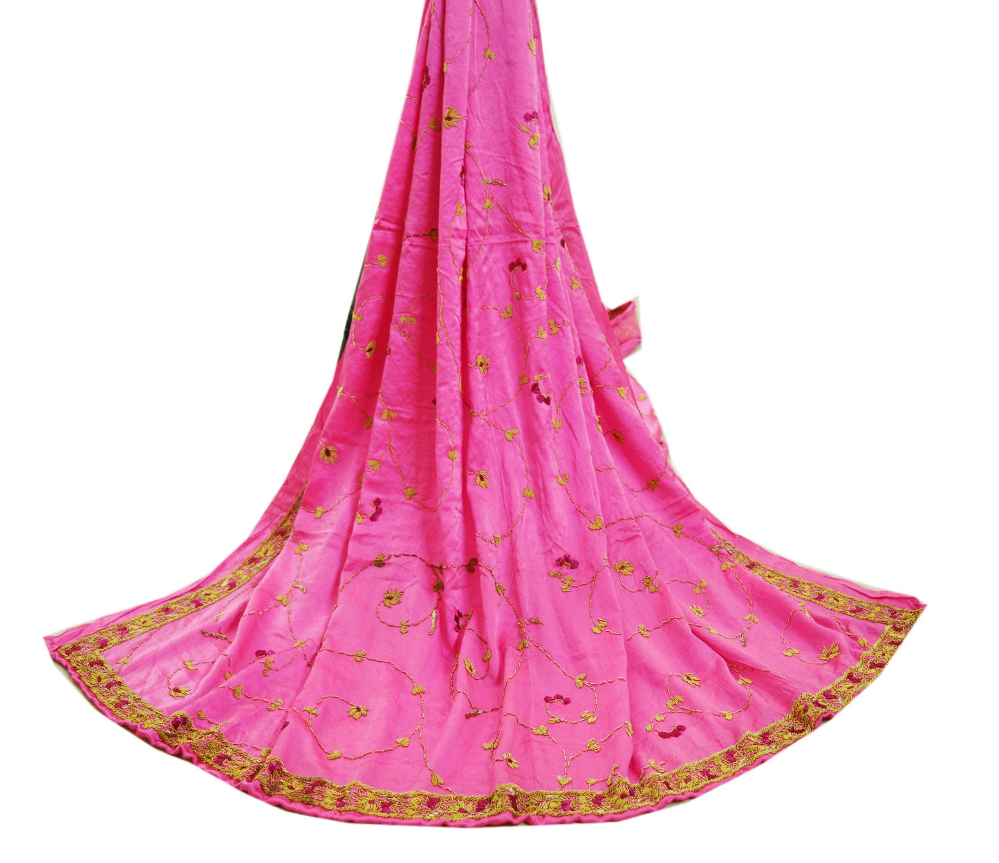 Indian Vintage Heavy Wedding Pink Dupatta Pure Satin Silk Long Stole Hand Embroidered Scarves Golden Zardozi Stole