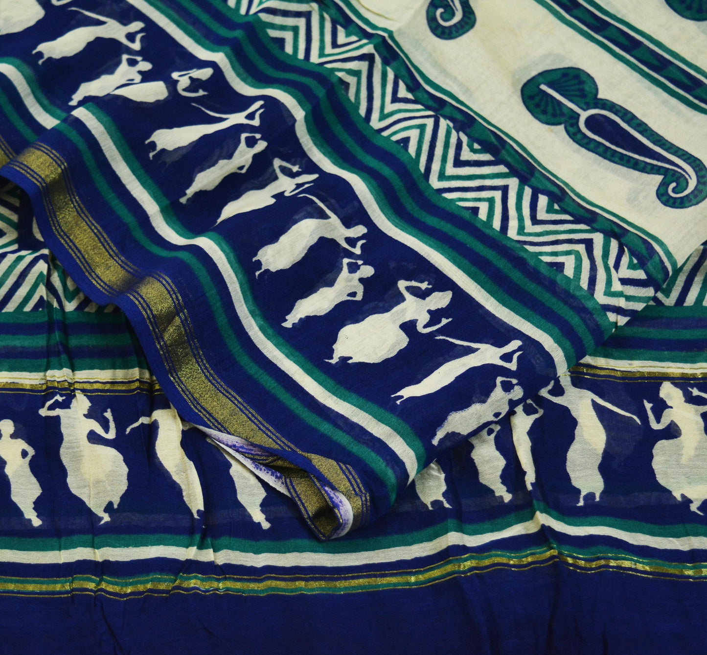 Indian Blue & Ivory Vintage Dupatta Long Stole Warli Print Pure Chanderi Silk Indian Scarves Veil Scarf Golden Zari Soft