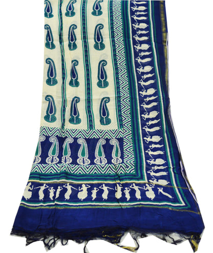 Indian Blue & Ivory Vintage Dupatta Long Stole Warli Print Pure Chanderi Silk Indian Scarves Veil Scarf Golden Zari Soft