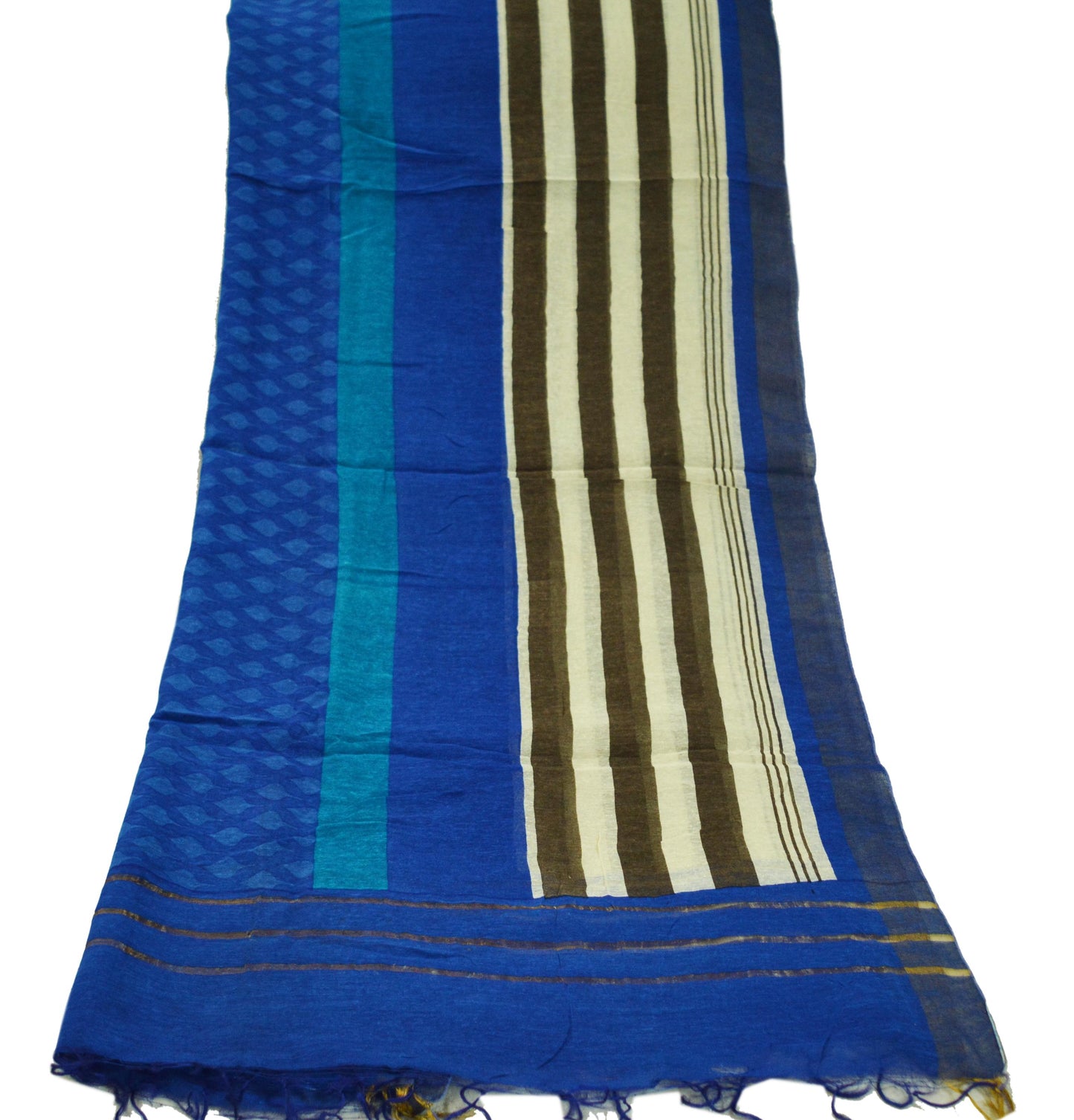 Indian Blue Vintage Dupatta Long Stole Printed Woven Pure Chanderi Silk Indian Scarves Veil Golden Zari Soft Fringes