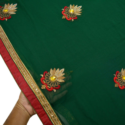 Indian Vintage Green Saree Pure Georgette Silk Hand Beaded Indian Sari Fabric 5Yard Sewing Soft Ethnic Zardozi/ Dabka Wedding Sarees