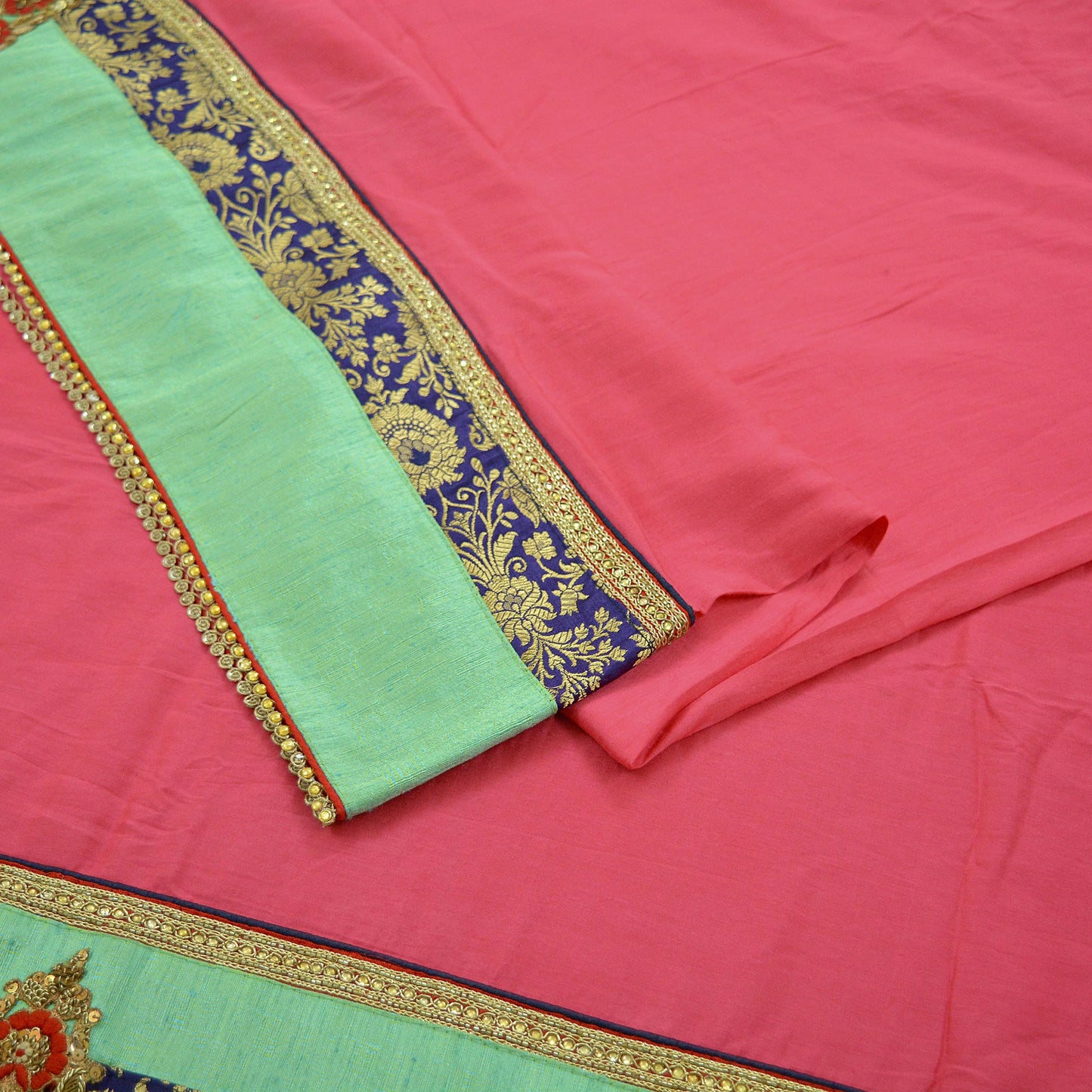 Indian Vintage Heavy Sari Pink Pure Silk Hand Embroidered Saree Fabric 5Yd Sewing Soft Zardozi/Dabka Sequins Wedding Heavy sarees Ethnic