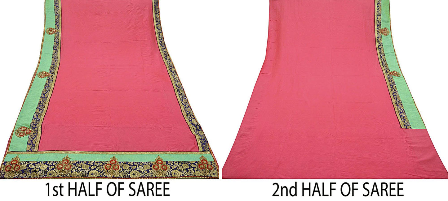 Indian Vintage Heavy Sari Pink Pure Silk Hand Embroidered Saree Fabric 5Yd Sewing Soft Zardozi/Dabka Sequins Wedding Heavy sarees Ethnic