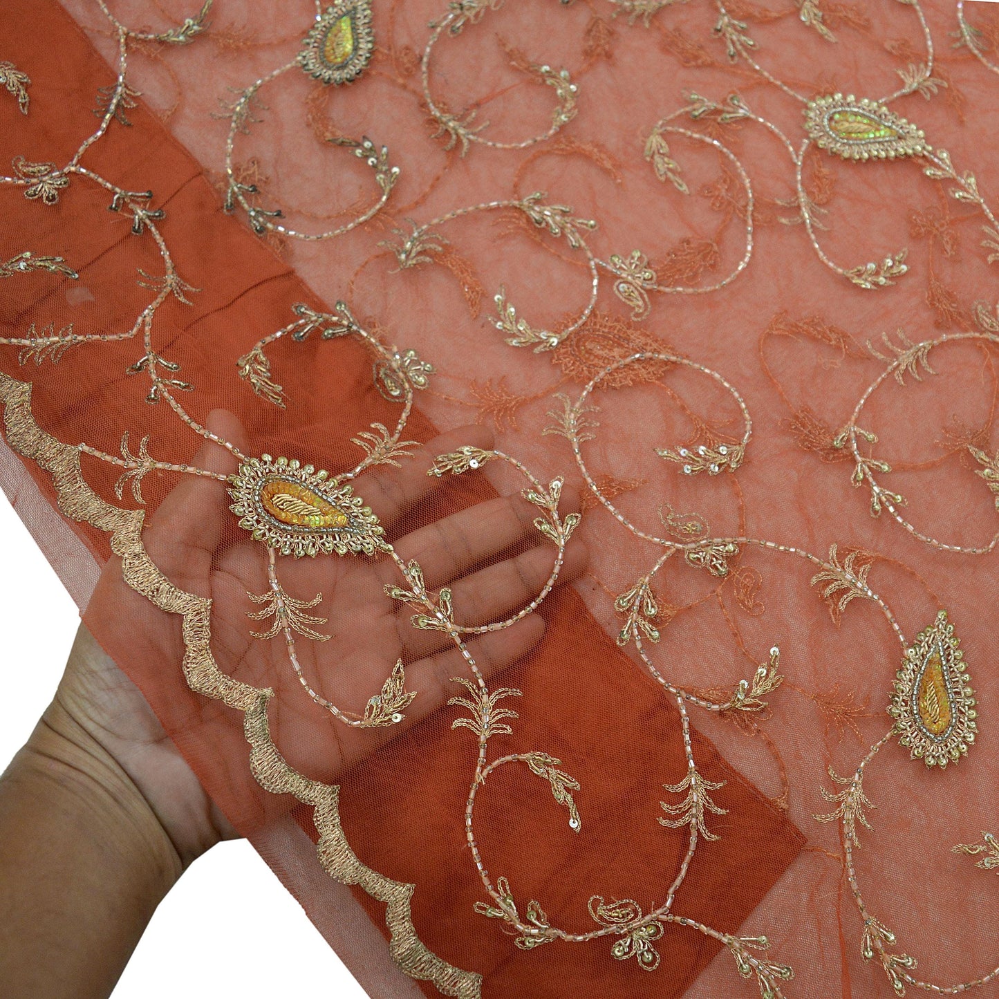 Indian Vintage Heavy Saree Orange Net/Mesh Hand Embroidered Indian Sari Fabric 5Yd Sewing Soft Zardozi/Dabka Zari Sequins Wedding net sarees