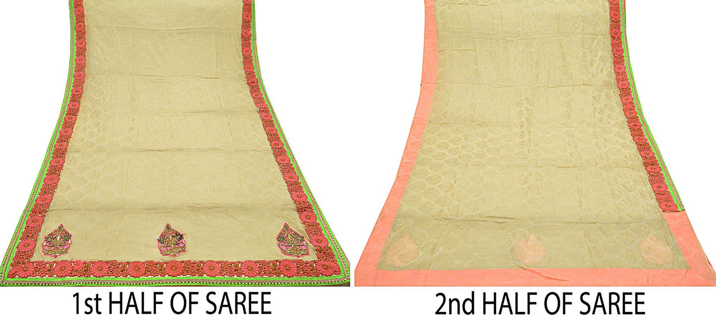 Indian Vintage Heavy Sari Beige Hand Embroidered Sarees Blend Georgette Fabric 5Yd Ethnic Floral Zardozi/Dabka Zari wedding wear crafting