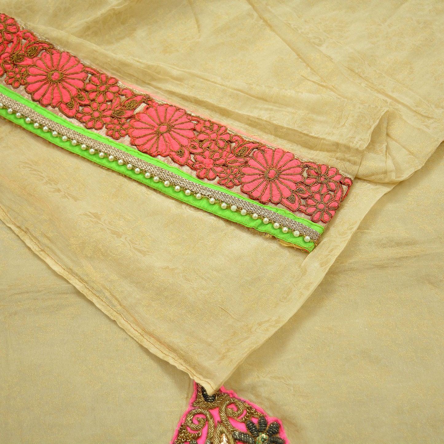 Indian Vintage Heavy Sari Beige Hand Embroidered Sarees Blend Georgette Fabric 5Yd Ethnic Floral Zardozi/Dabka Zari wedding wear crafting