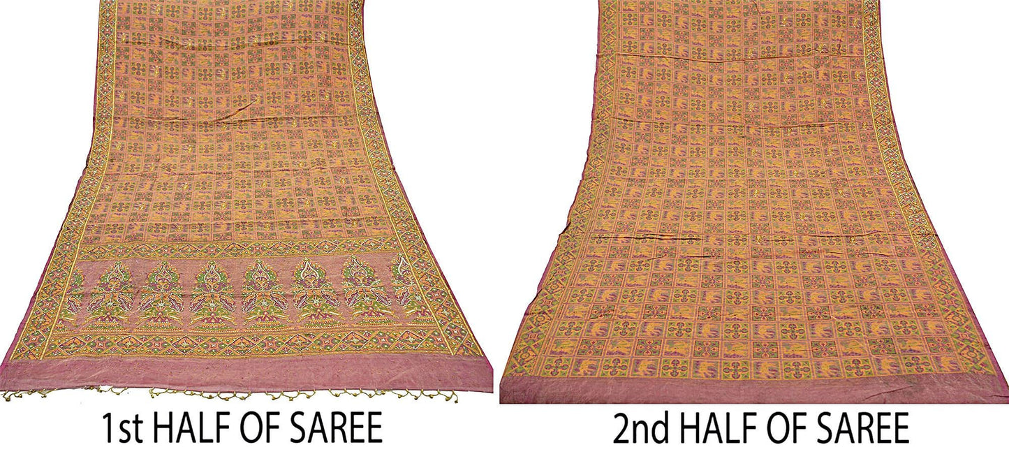 Indian Antique Vintage Heavy Wedding Sari Pure Tissue Silk Hand Embroidered Sarees 5yd Fabric Ethnic Zari Zardozi/Dabka