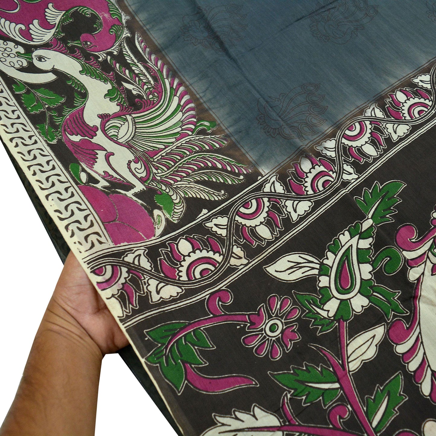 Indian Vintage Sari Gray & Brown Pure Cotton Hand Kalamkari Sarees Craft Fabric 5Yd Peacock Soft  Sewing Sarong Quilting Crafting Upcycle