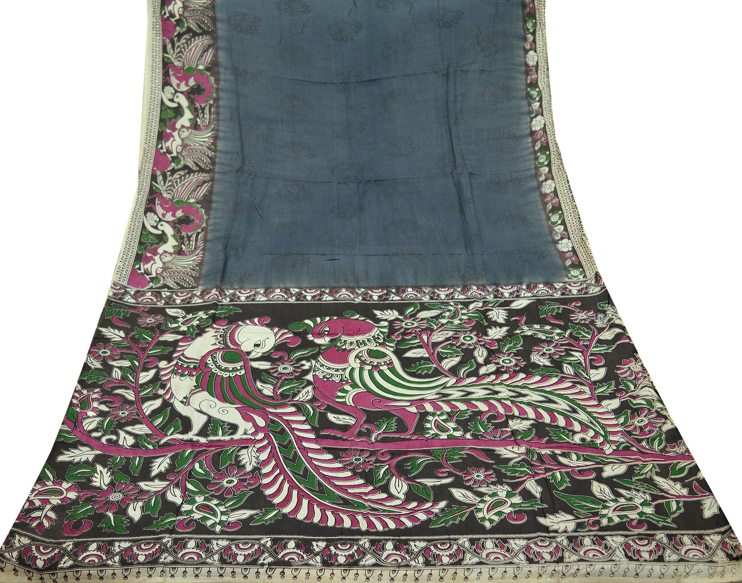 Indian Vintage Sari Gray & Brown Pure Cotton Hand Kalamkari Sarees Craft Fabric 5Yd Peacock Soft  Sewing Sarong Quilting Crafting Upcycle