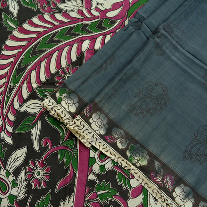 Indian Vintage Sari Gray & Brown Pure Cotton Hand Kalamkari Sarees Craft Fabric 5Yd Peacock Soft  Sewing Sarong Quilting Crafting Upcycle
