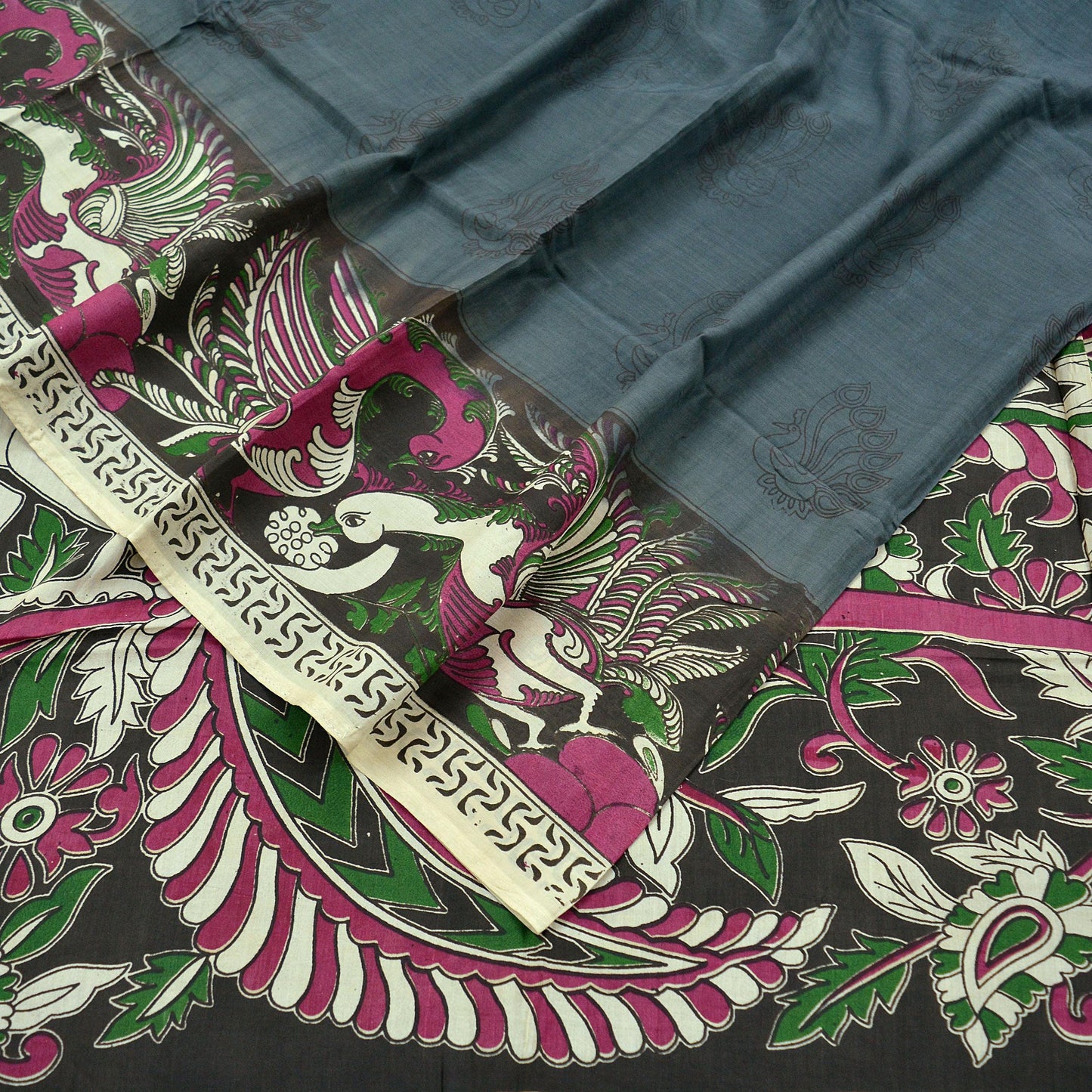 Indian Vintage Sari Gray & Brown Pure Cotton Hand Kalamkari Sarees Craft Fabric 5Yd Peacock Soft  Sewing Sarong Quilting Crafting Upcycle