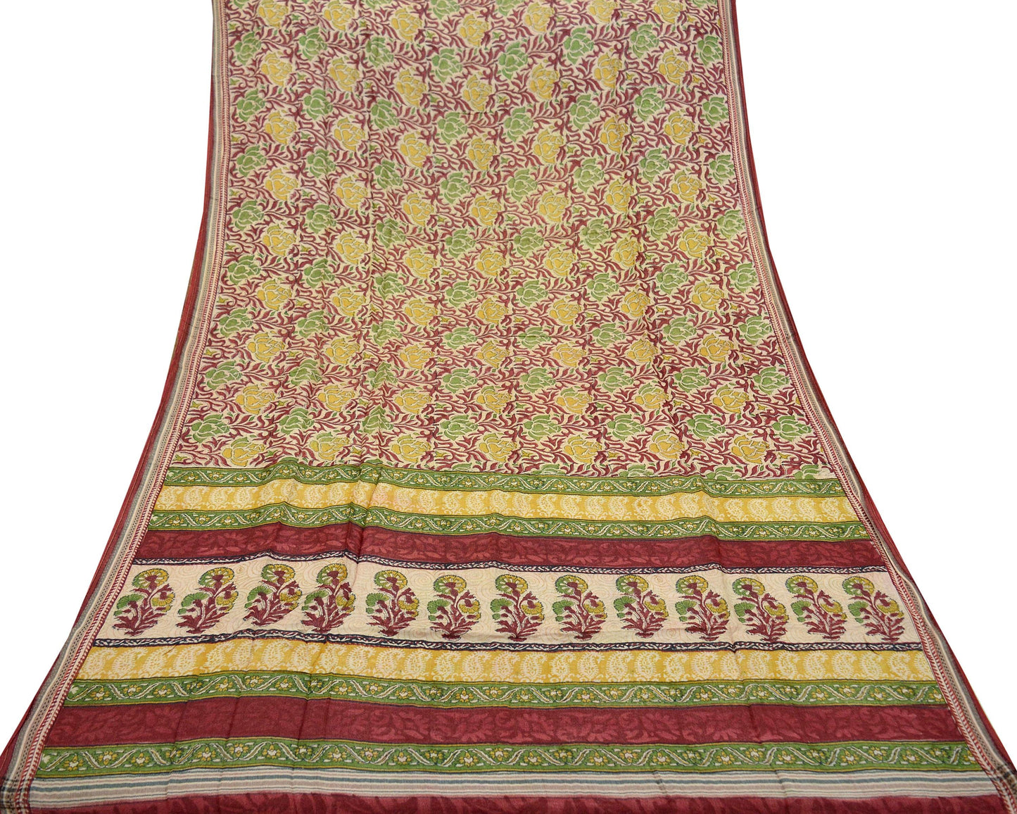 Indian Vintage Heavy Sari 100% Pure Woolen Beige Woven Printed Sarees Fabric 5Yd Craft Fabric Soft Floral Crafting Dress Making upcycle