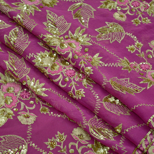 Indian Vintage Heavy Sari Pink Pure Georgette Silk Hand Beaded Sarees Craft Fabric 5Yd Sewing Soft Ethnic Wedding Heavy Sarees Dress making