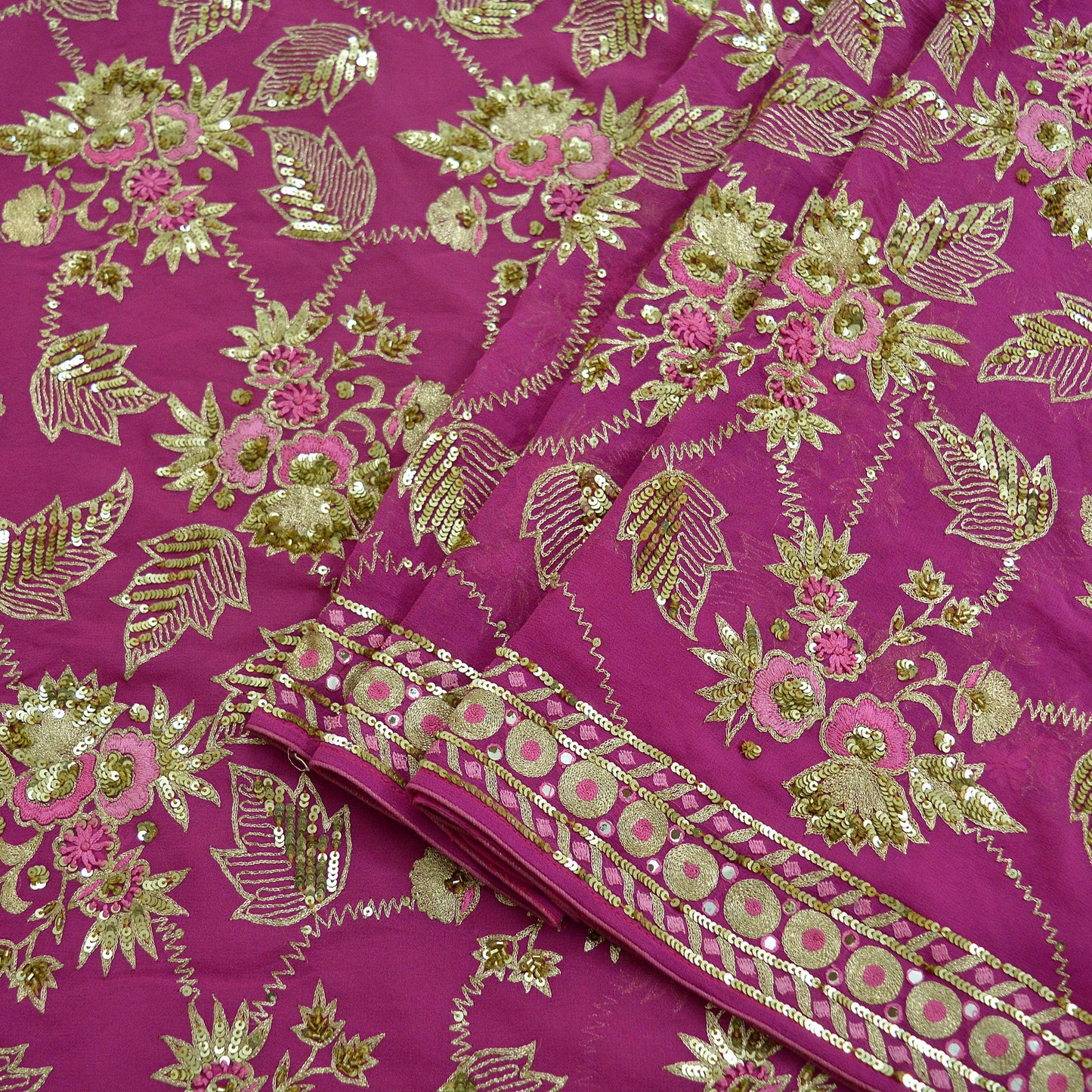 Indian Vintage Heavy Sari Pink Pure Georgette Silk Hand Beaded Sarees Craft Fabric 5Yd Sewing Soft Ethnic Wedding Heavy Sarees Dress making