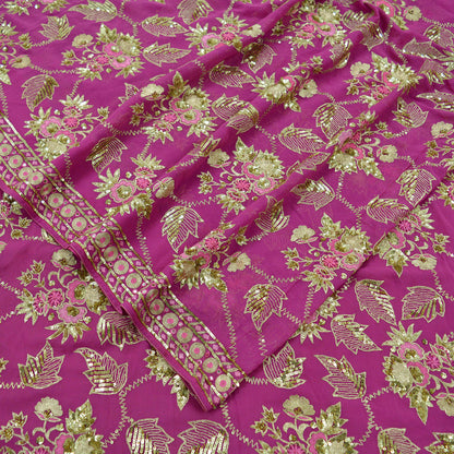 Indian Vintage Heavy Sari Pink Pure Georgette Silk Hand Beaded Sarees Craft Fabric 5Yd Sewing Soft Ethnic Wedding Heavy Sarees Dress making