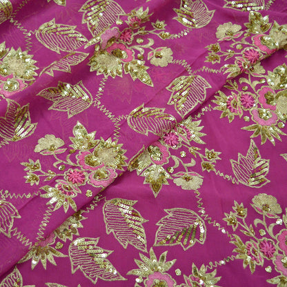 Indian Vintage Heavy Sari Pink Pure Georgette Silk Hand Beaded Sarees Craft Fabric 5Yd Sewing Soft Ethnic Wedding Heavy Sarees Dress making