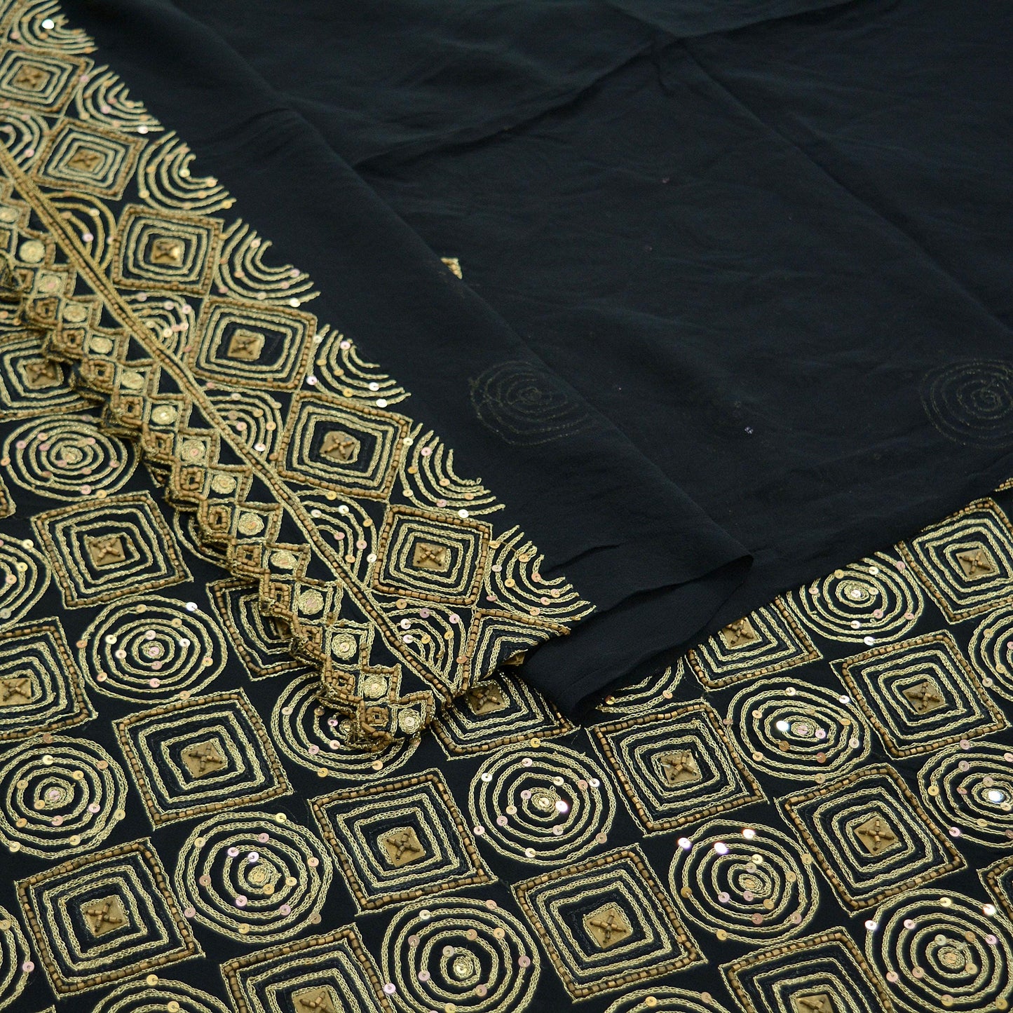 Indian Vintage Heavy Sari Black Pure Georgette Silk Hand Beaded Sarees Fabric 5Yd Sewing Soft Ethnic Glass Beaded Dress Making Silk sarees