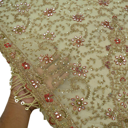 Indian Vintage Heavy Bridal Dupatta Beige Net Mesh Long Stole Hand Embroidered Scarves Dabka Zardozi Zari Wedding hijab Tassels Party wear