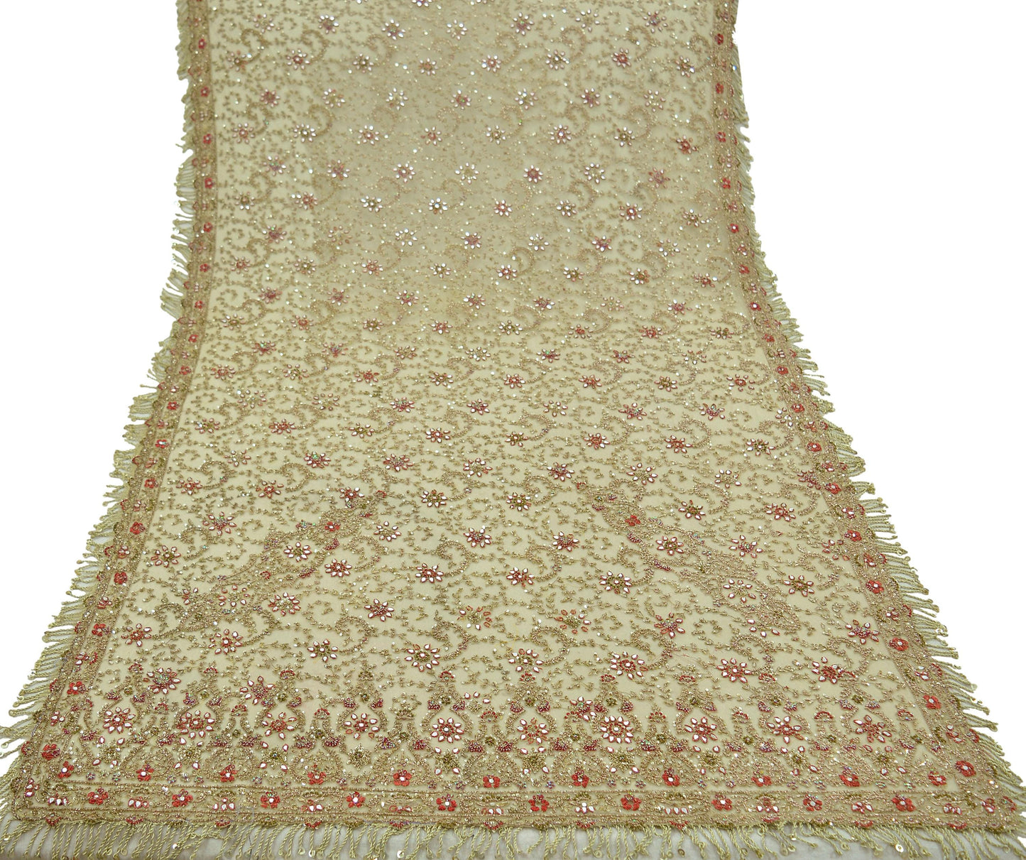 Indian Vintage Heavy Bridal Dupatta Beige Net Mesh Long Stole Hand Embroidered Scarves Dabka Zardozi Zari Wedding hijab Tassels Party wear