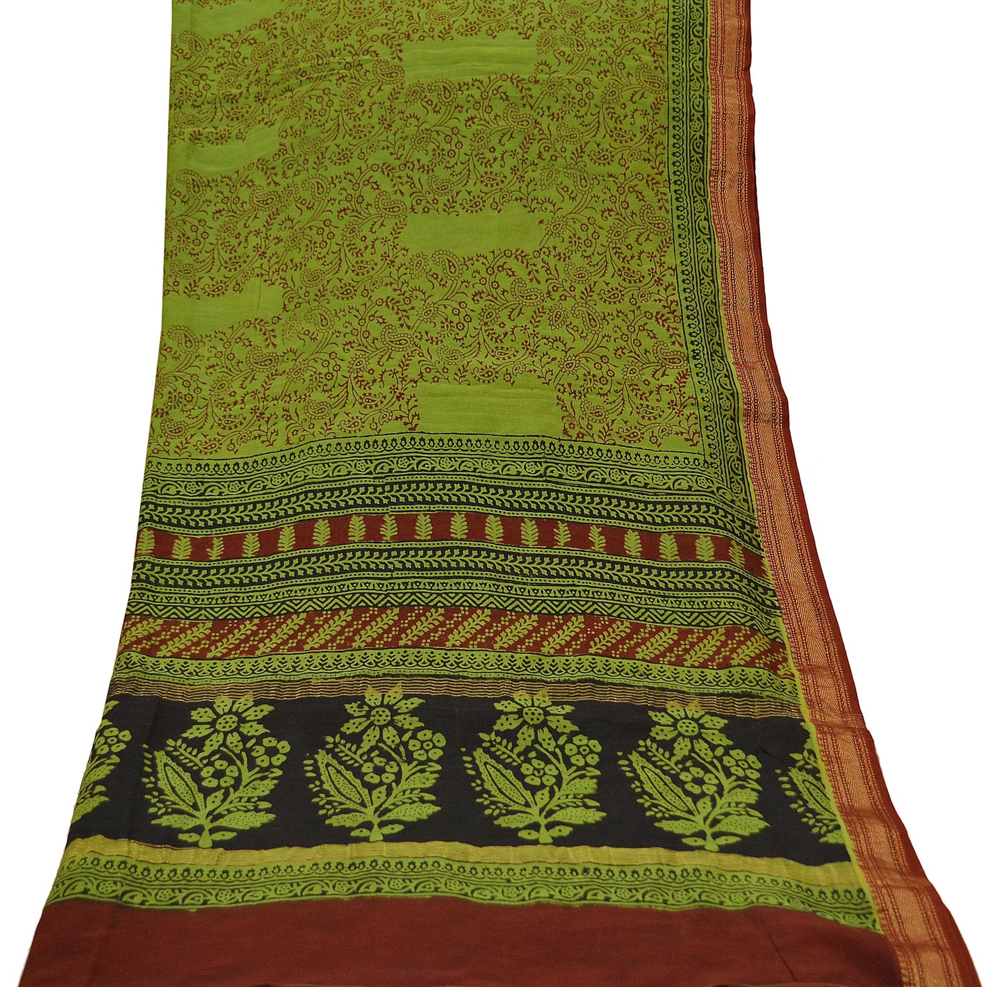 Indian Vintage Green Dupatta Long Stole Block Print Pure Chanderi Silk Scarves Veil Floral Design Upcycle Party wear hijab Zari Border