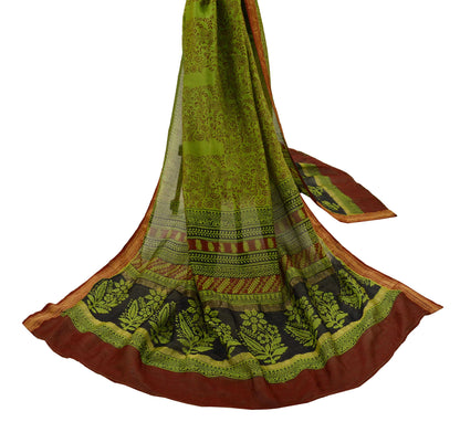 Indian Vintage Green Dupatta Long Stole Block Print Pure Chanderi Silk Scarves Veil Floral Design Upcycle Party wear hijab Zari Border