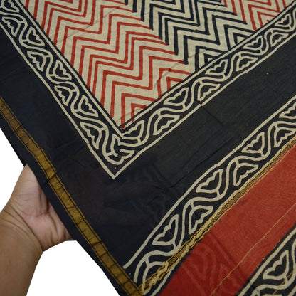 Indian Vintage Sari Red & Black Pure chanderi Silk Block Printed Sarees 5Yd Craft Zigzag Zari Border Ethnic Dress Making With Blouse Fabric