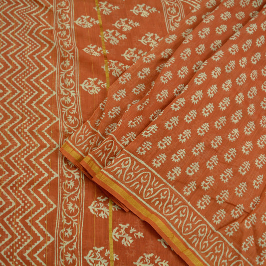 Indian Vintage Sari Orange Pure chanderi Silk Bagru Printed Sarees Fabric 5Yd Floral Soft Golden Zari Border Ethnic Dress making Upcycle