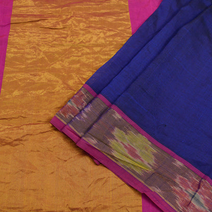Indian Vintage Sari Blue & Pink Blend Cotton Hand Woven Saree Fabric 5Yd Golden Zari Border Fringes on pallu Dress making Bollywood Sarees