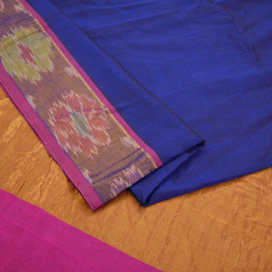 Indian Vintage Sari Blue & Pink Blend Cotton Hand Woven Saree Fabric 5Yd Golden Zari Border Fringes on pallu Dress making Bollywood Sarees