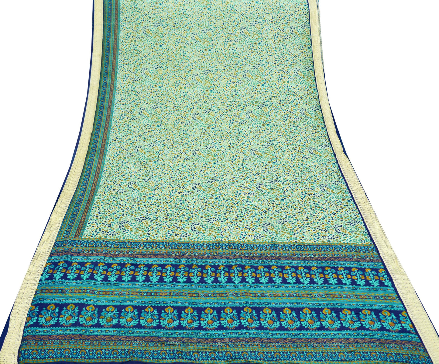 Indian Vintage Sari Green & Blue 100% Pure Silk Printed Sarees 5yd Sewing Craft Fabric Dress Making Soft Woven Border Upcycle Quilting