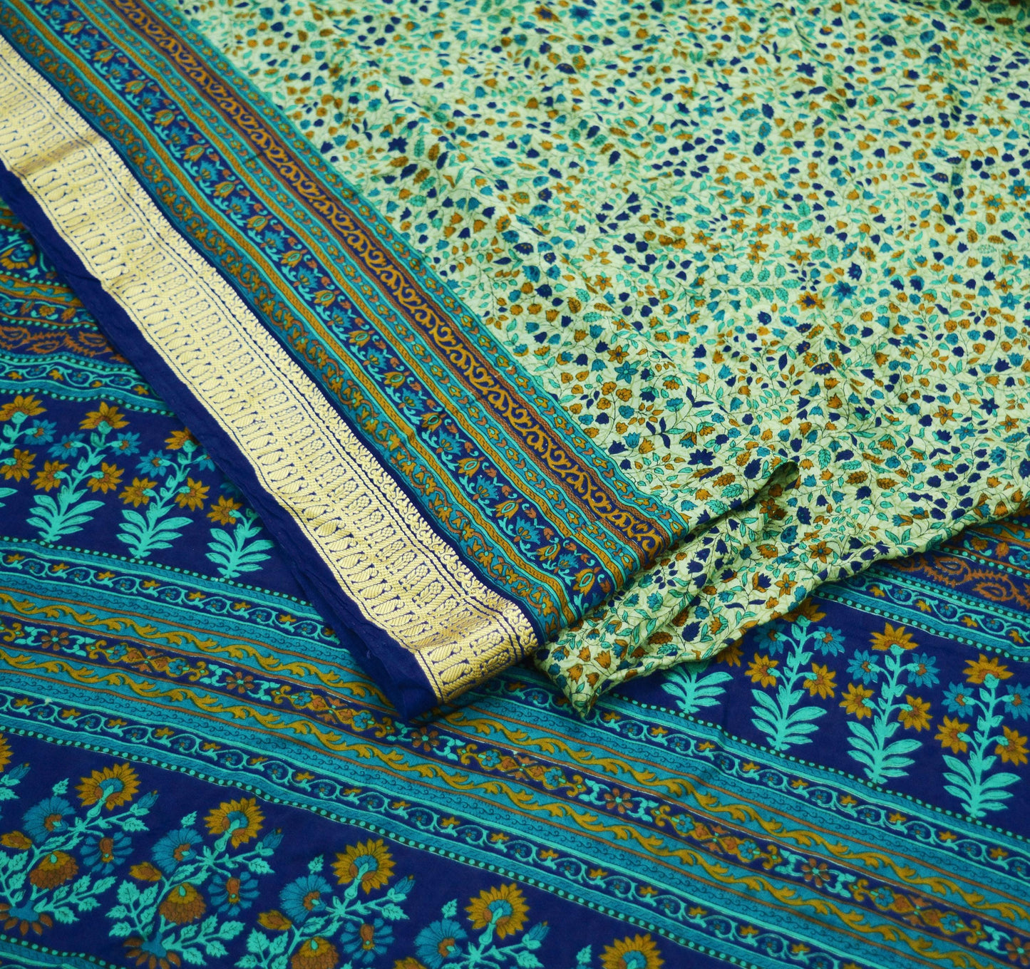 Indian Vintage Sari Green & Blue 100% Pure Silk Printed Sarees 5yd Sewing Craft Fabric Dress Making Soft Woven Border Upcycle Quilting