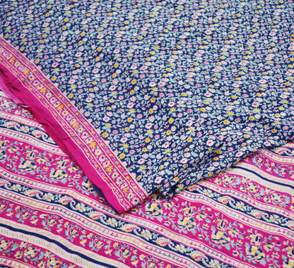 Indian Vintage Sari Pink & Blue 100% Pure Silk Printed Sarees Craft Fabric 5yd Sewing Soft Floral DressMaking Quilting Crafting Upcycle