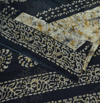 Indian Vintage Beige & Black Saree Batik Printed 100% Pure Cotton Indian Sari Craft Fabric 5Yd Soft Sewing Sarong Wrap Boho Quilting Upcycle