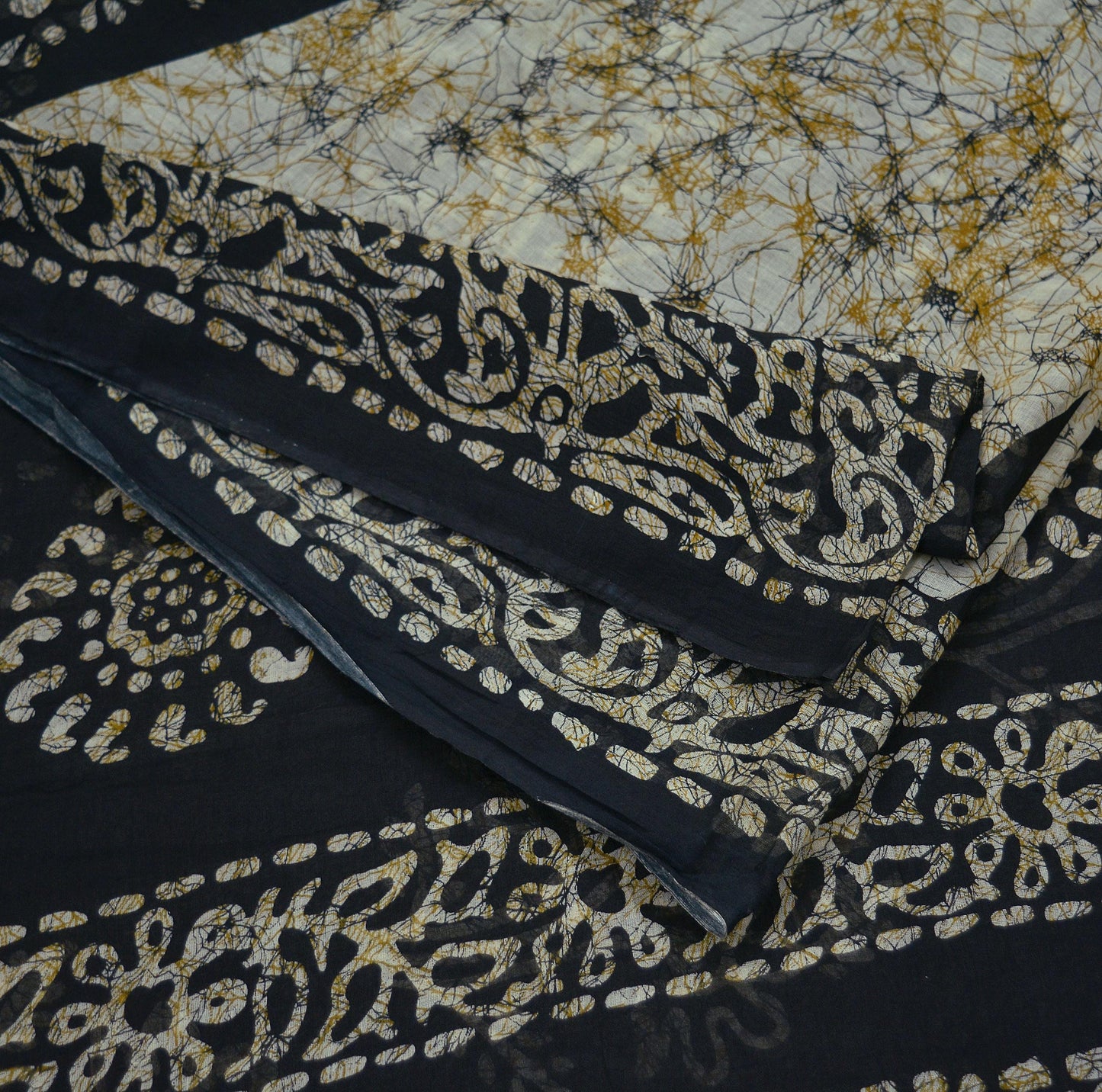 Indian Vintage Beige & Black Saree Batik Printed 100% Pure Cotton Indian Sari Craft Fabric 5Yd Soft Sewing Sarong Wrap Boho Quilting Upcycle