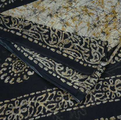 Indian Vintage Beige & Black Saree Batik Printed 100% Pure Cotton Indian Sari Craft Fabric 5Yd Soft Sewing Sarong Wrap Boho Quilting Upcycle