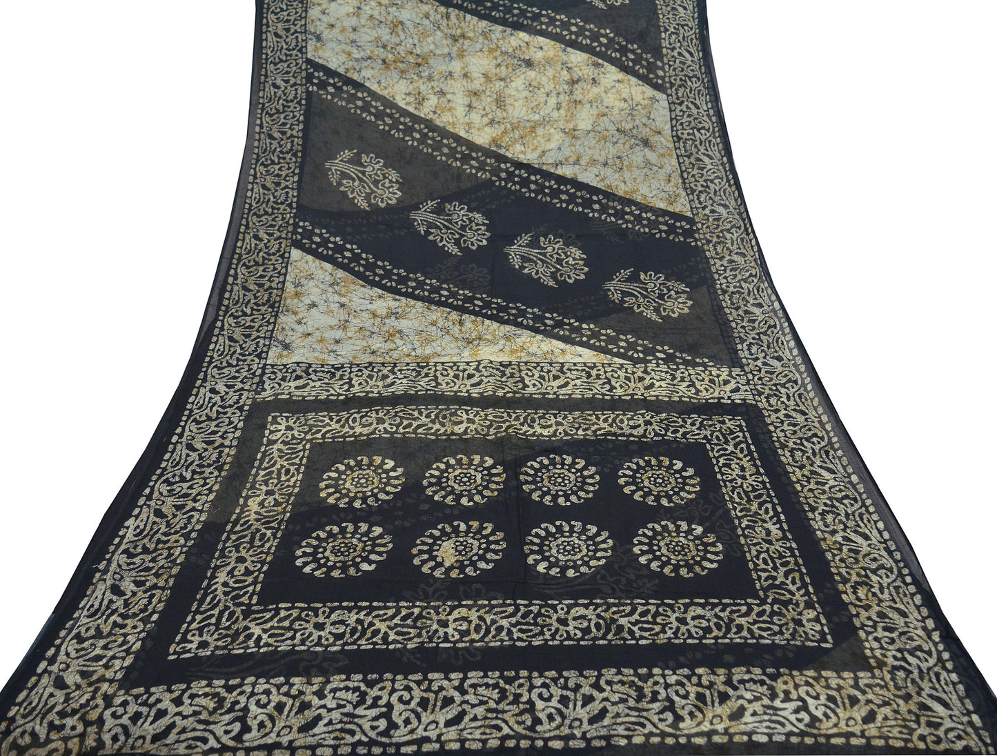 Indian Vintage Beige & Black Saree Batik Printed 100% Pure Cotton Indian Sari Craft Fabric 5Yd Soft Sewing Sarong Wrap Boho Quilting Upcycle