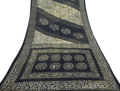 Indian Vintage Beige & Black Saree Batik Printed 100% Pure Cotton Indian Sari Craft Fabric 5Yd Soft Sewing Sarong Wrap Boho Quilting Upcycle