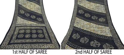 Indian Vintage Beige & Black Saree Batik Printed 100% Pure Cotton Indian Sari Craft Fabric 5Yd Soft Sewing Sarong Wrap Boho Quilting Upcycle